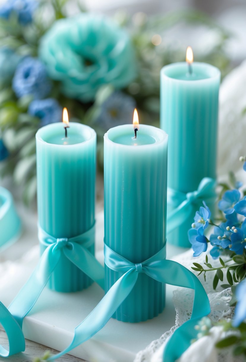 Close-up of turquoise ribbon-wrapped candles surrounded by blue flowers and greenery on a light surface.