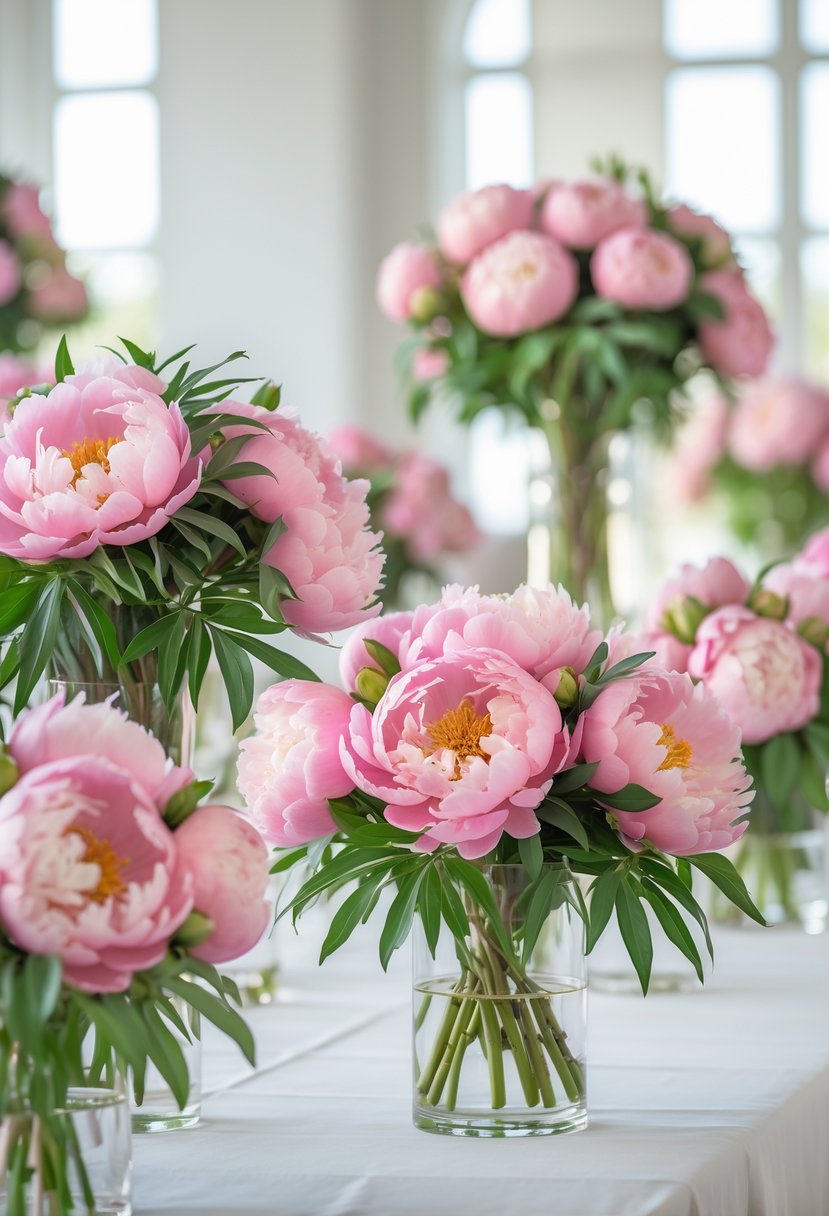 Several pink peony bouquets arranged in glass vases on a white table in a bright wedding venue.