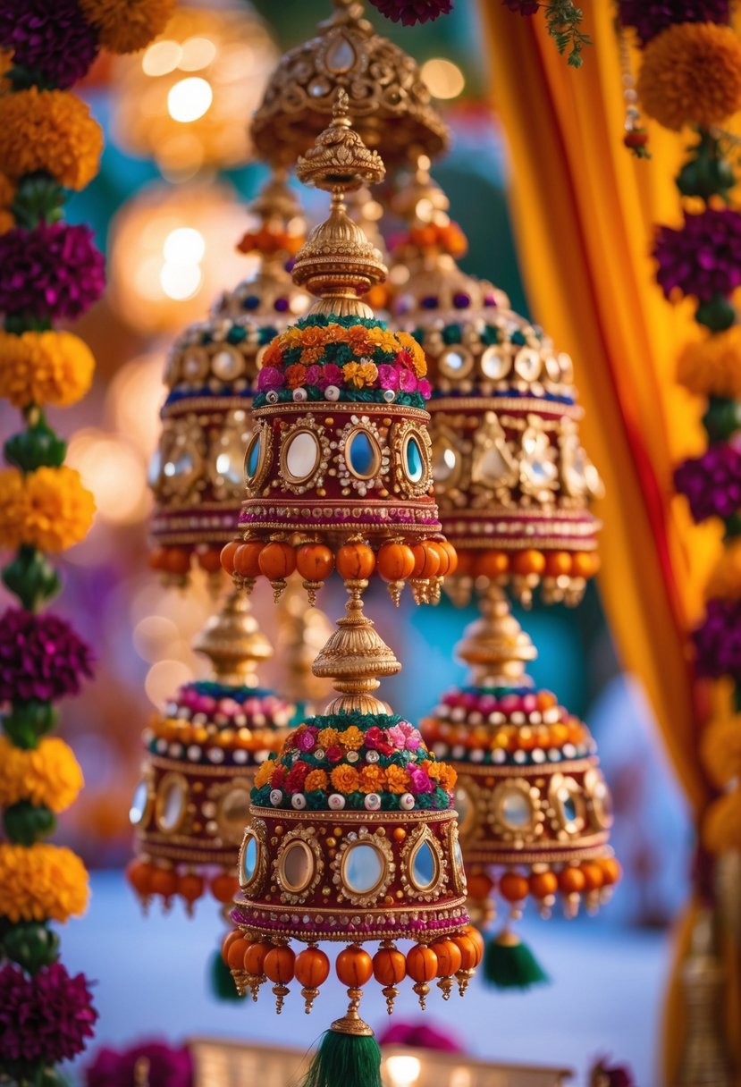 Decorative Indian wedding torans made of beads and mirrors hanging with floral decorations in a festive setting.