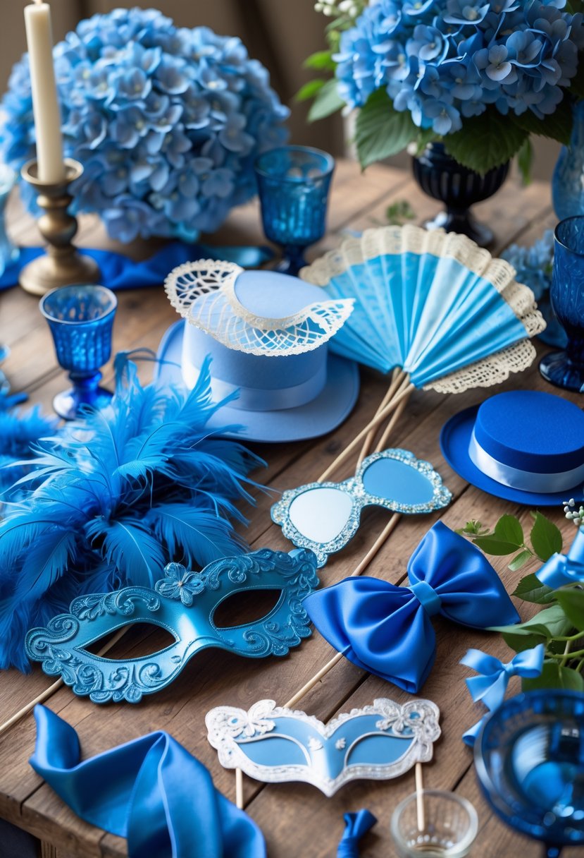 A collection of blue vintage photo booth props and blue wedding decorations arranged on a wooden table.