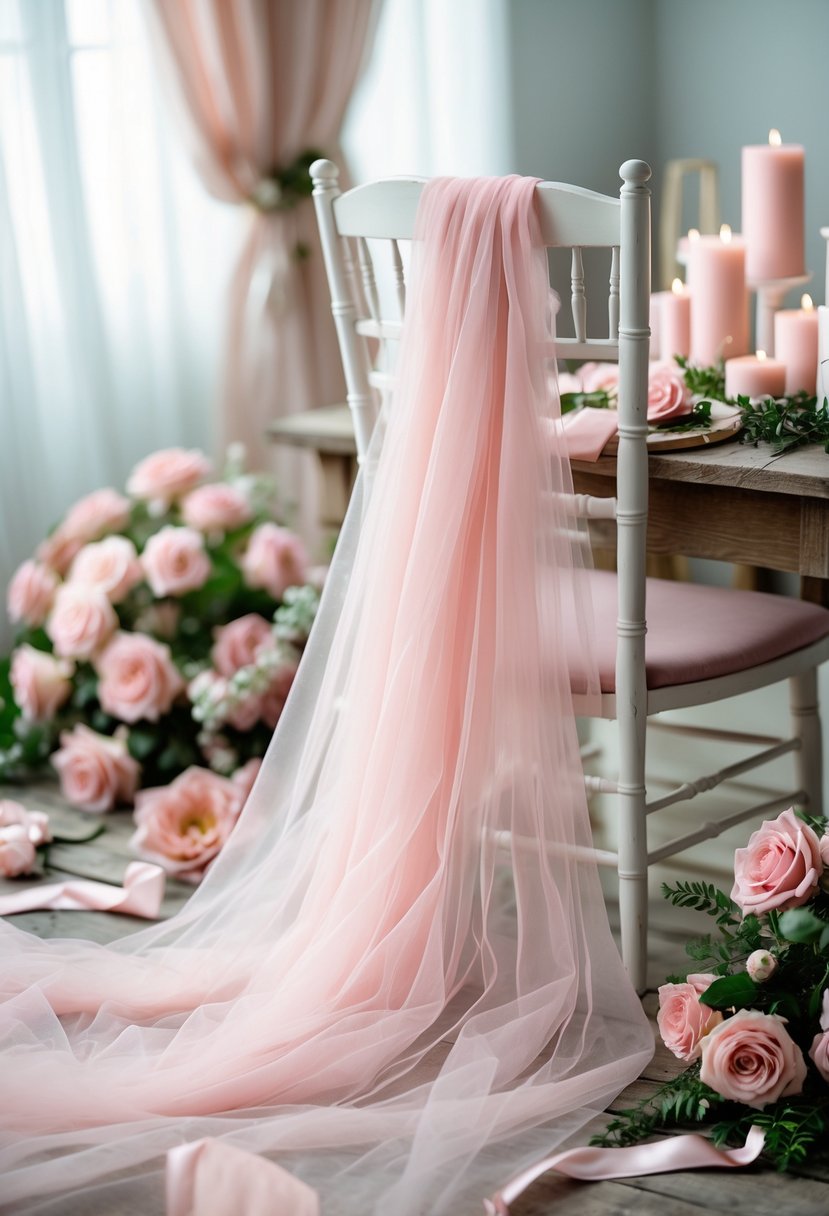 A pink tulle bridal veil draped over a white chair surrounded by pink flowers, candles, ribbons, and greenery on a wooden table.