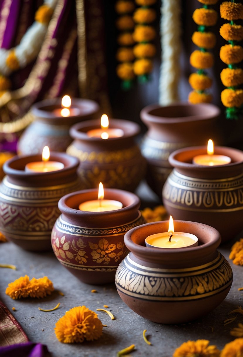 A group of decorated earthen pots with glowing LED tealights arranged with flower petals on a surface, used as wedding decorations.