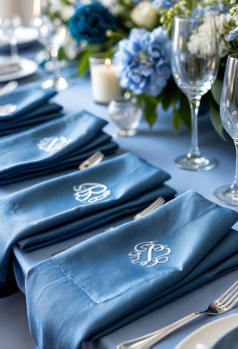 Close-up of slate blue napkins with embroidered monograms arranged on a wedding table with flowers, glassware, and silverware.