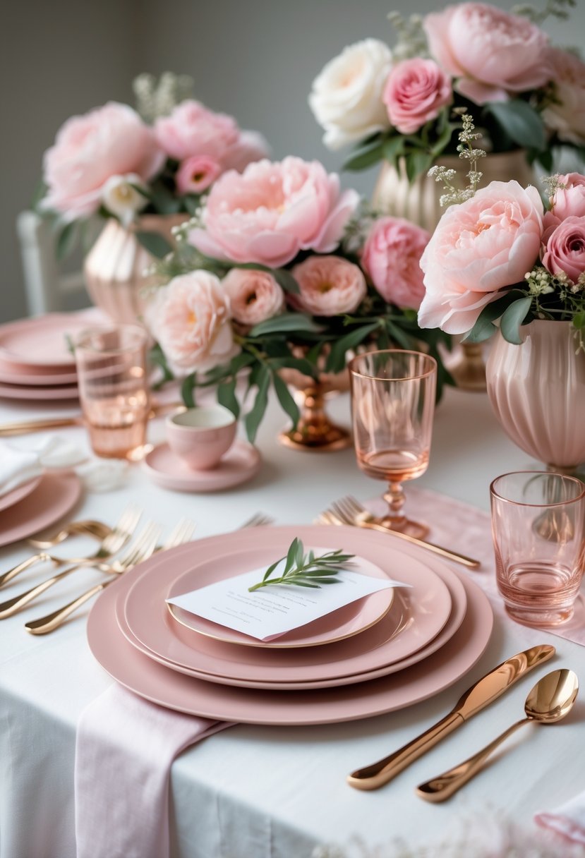 A wedding table set with rose gold cutlery, pink plates, and floral arrangements with pink flowers.