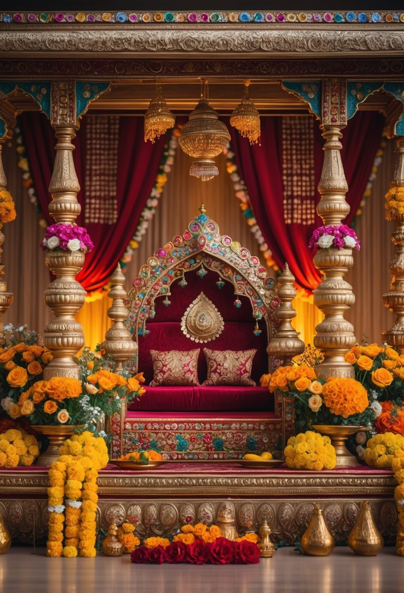 A decorated Indian wedding mandap with golden pillars, colorful gemstones, and floral arrangements.