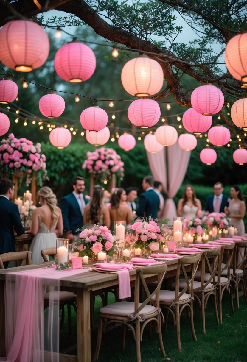 Outdoor wedding decorated with pink lanterns hanging from trees, surrounded by flowers and tables set for guests.