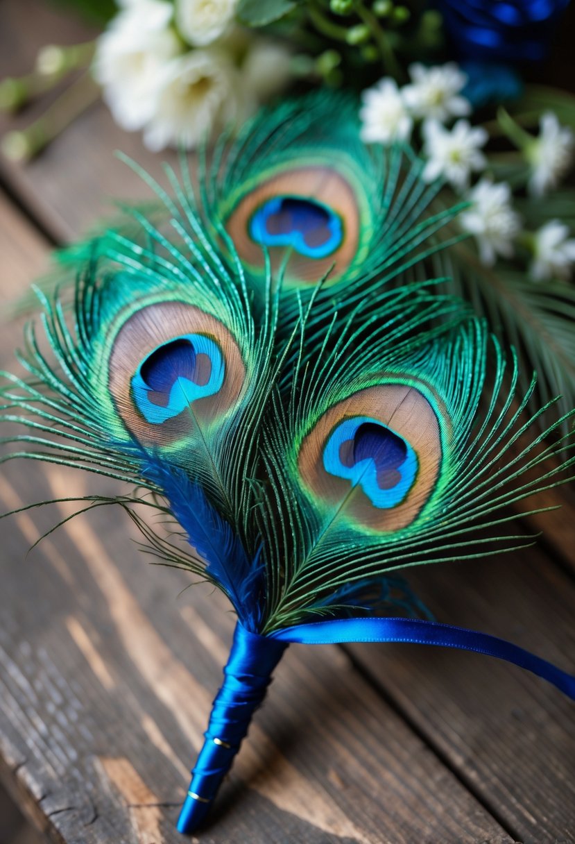 Close-up of blue peacock feather boutonnieres arranged on a wooden surface with soft natural light.