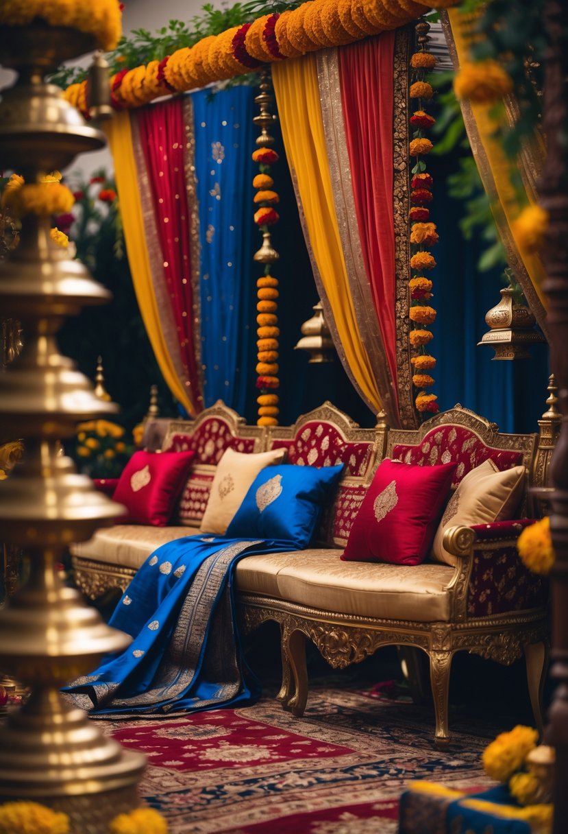 Seating area with richly decorated chairs and sofas covered in vibrant silk and brocade fabrics, adorned with flowers and traditional Indian decorations.