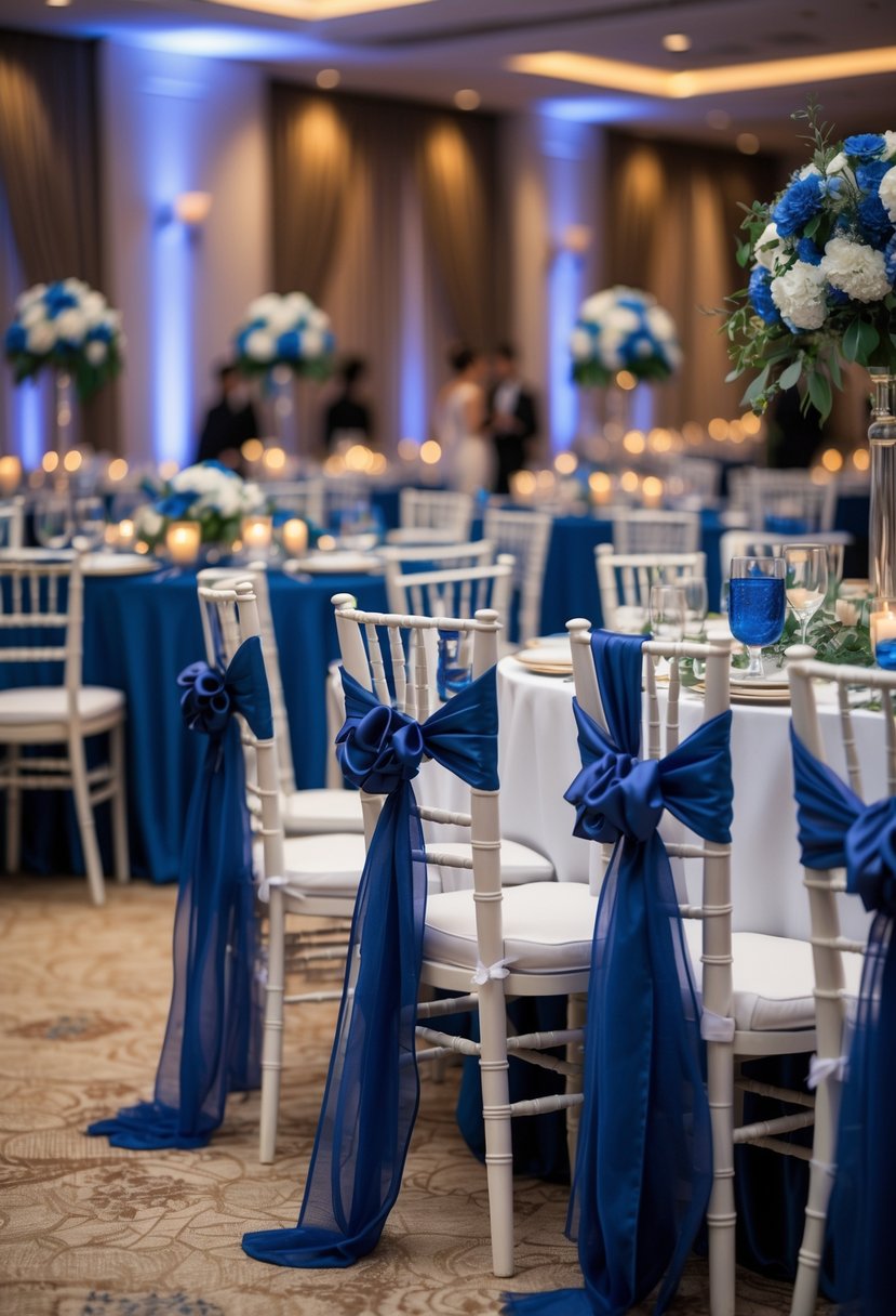 A wedding reception with white chairs adorned with midnight blue sashes and tables decorated with blue flowers and elegant decor.