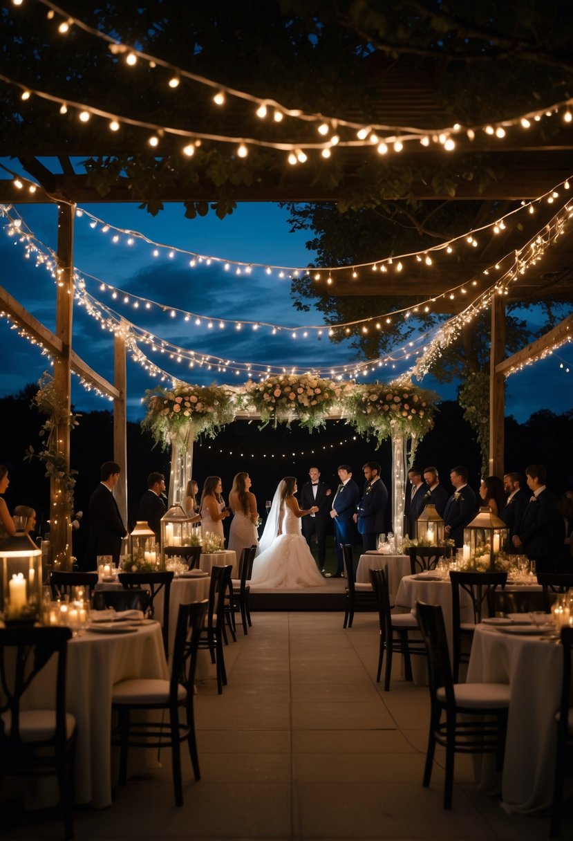 Evening wedding ceremony with twinkling fairy lights draped overhead, tables with floral centerpieces, and guests in the background.
