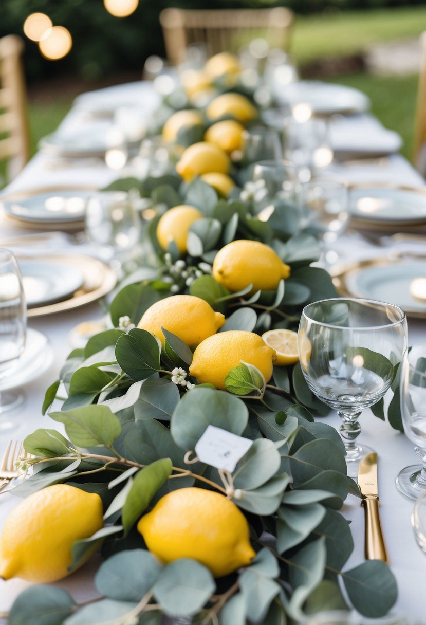 A wedding table decorated with a garland of fresh lemons and eucalyptus leaves running down the center.
