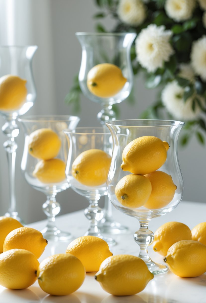 Glass vases filled with whole lemons arranged on a white surface with greenery in the background.