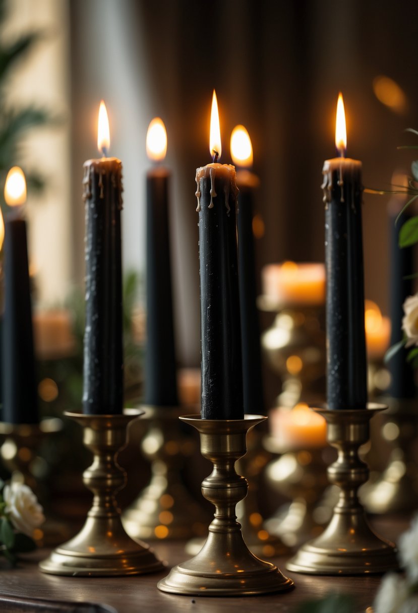 Several black tapered candles burning in antique brass holders on a softly lit surface.