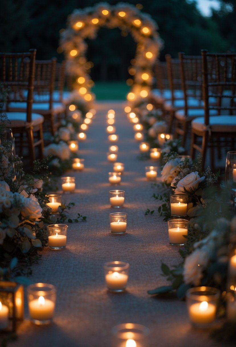 An outdoor wedding aisle at night illuminated by many small glowing votive candles with flowers lining the sides.