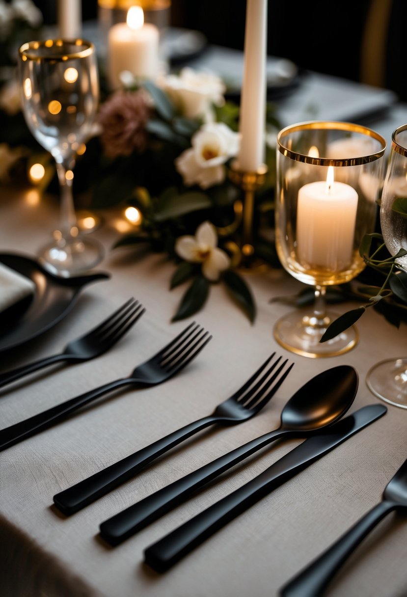 A wedding table setting with matte black cutlery and gold-rimmed glassware arranged with floral decorations and candlelight.