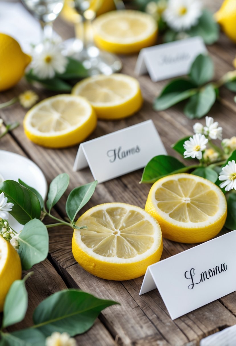 Wedding table setting with fresh lemon slices used as place card holders, surrounded by green leaves and small white flowers.
