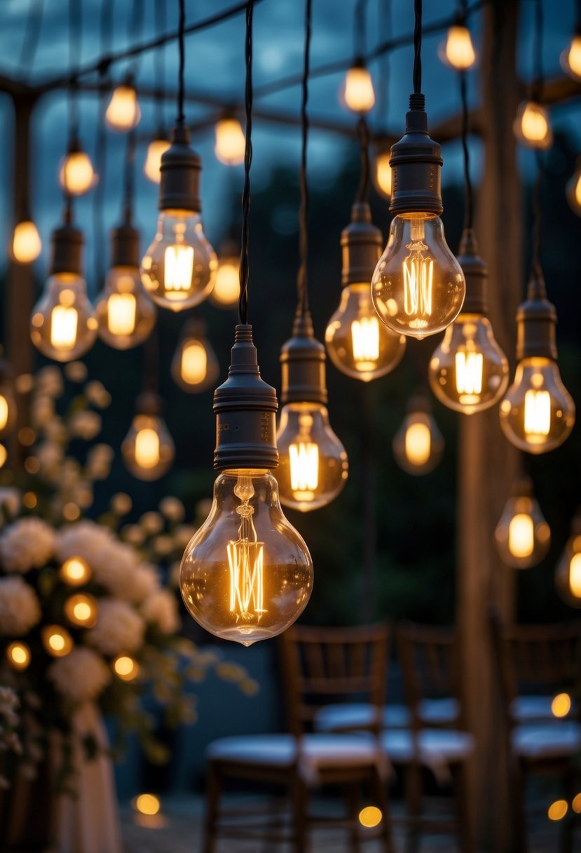 Evening wedding ceremony decorated with hanging glowing Edison light bulbs and floral arrangements.