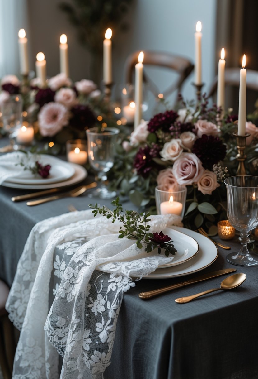 A wedding table set with charcoal gray linen tablecloths and white lace overlays, decorated with candles and floral arrangements.