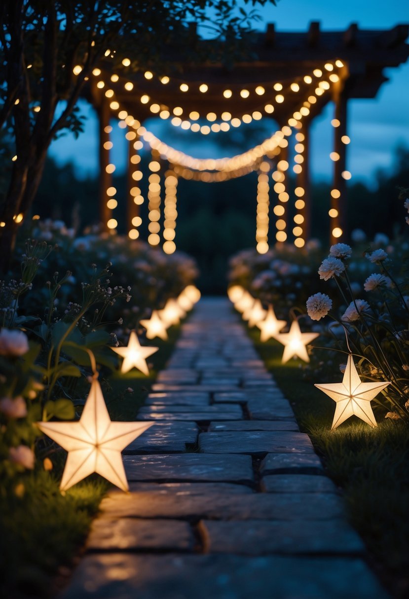 A nighttime wedding pathway lit by glowing star-shaped lanterns hanging along the sides, surrounded by greenery and flowers.