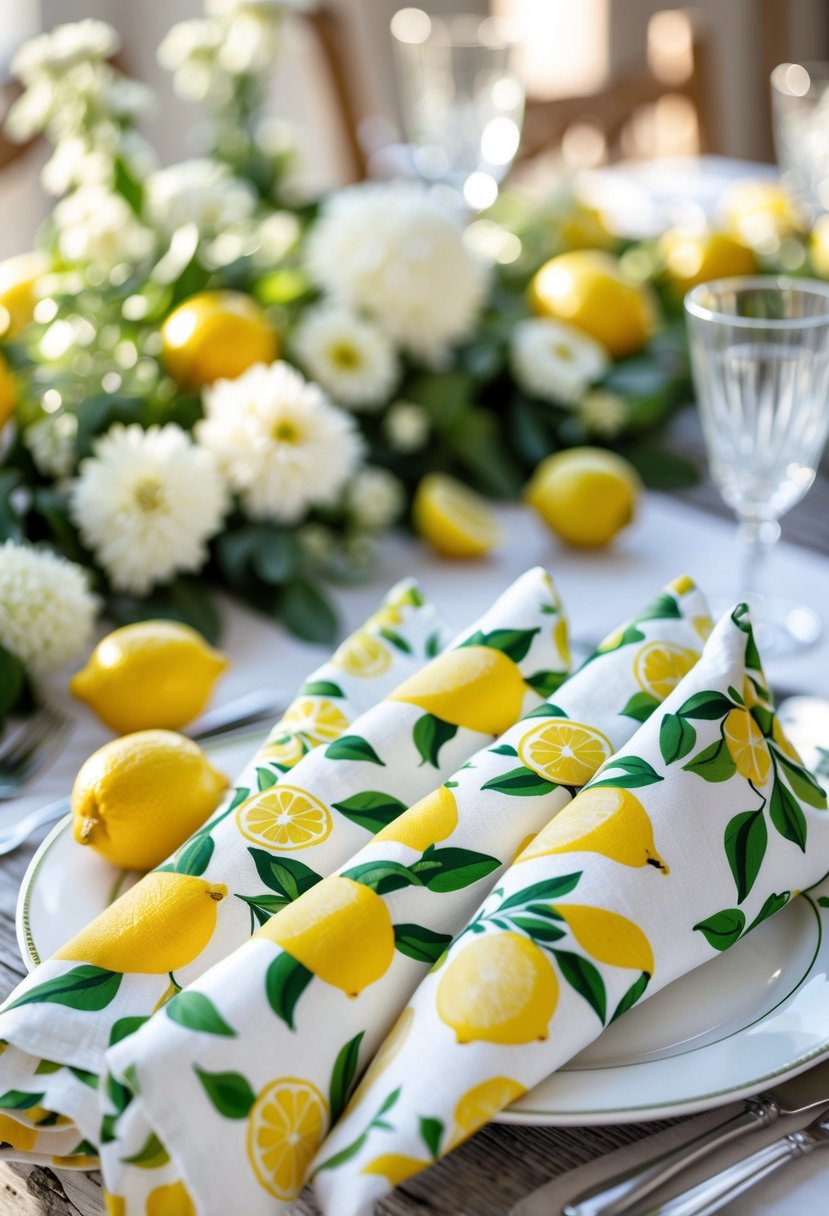 Linen napkins with lemon prints arranged on a wedding table with floral decorations and tableware.