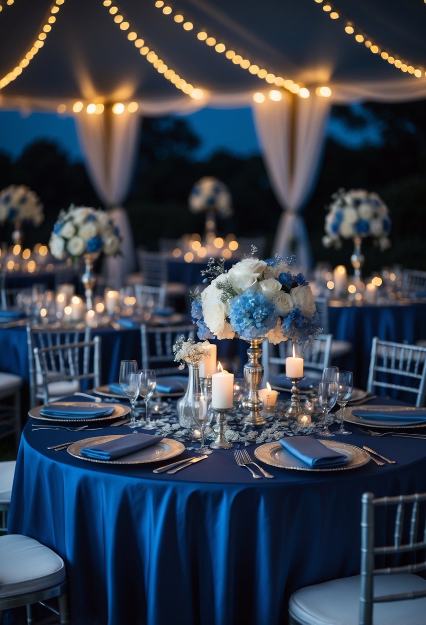 An evening wedding reception setup with midnight blue and silver table linens, elegant floral centerpieces, lit candles, and softly glowing ambient lights.