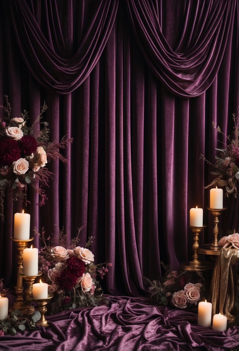A wedding setting with a rich plum velvet backdrop, candles, floral arrangements, and elegant decorations creating a romantic atmosphere.