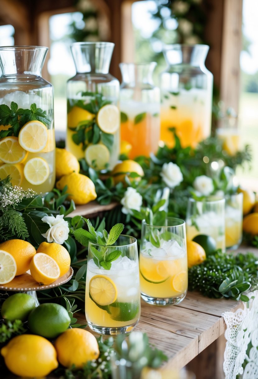 A wedding cocktail station with glasses and pitchers of citrus-infused drinks, decorated with fresh lemons, herbs, and white flowers on a wooden table.