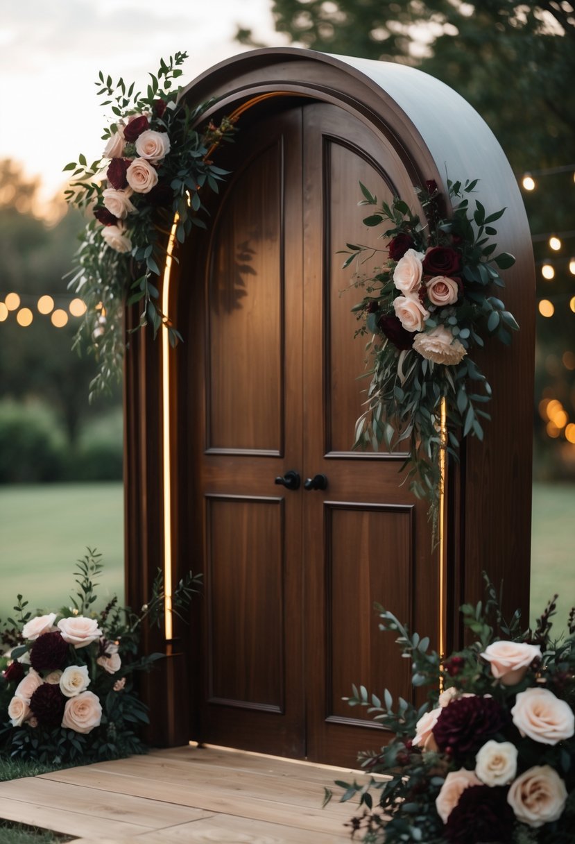 A dark mahogany wooden wedding ceremony arch decorated with greenery and flowers in an outdoor setting.
