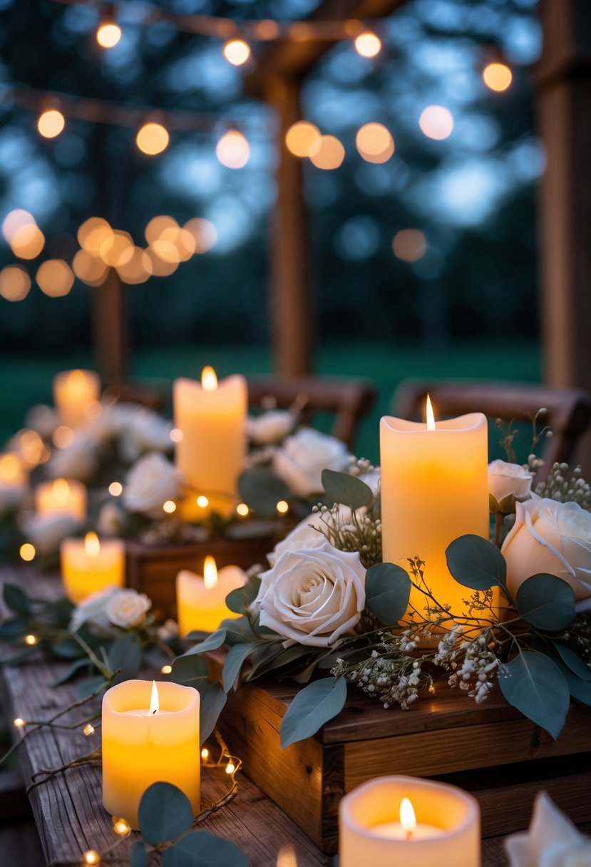 Softly glowing LED candles arranged on a wooden table with flowers and string lights in the background during an evening outdoor wedding ceremony.
