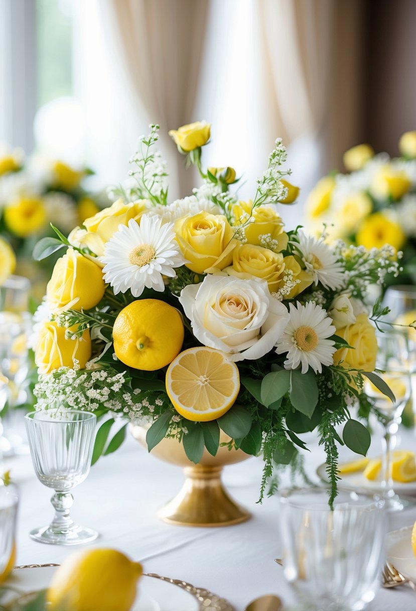 Wedding table with yellow and white flower centerpieces decorated with fresh lemons.