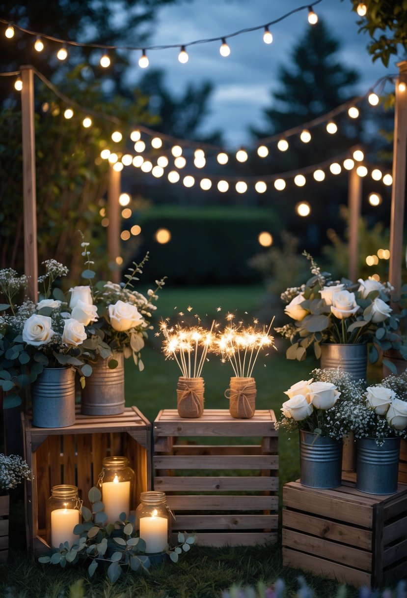 An outdoor evening wedding setup with sparkler bundles, glowing lanterns, fairy lights, and floral decorations arranged on wooden crates and tables.