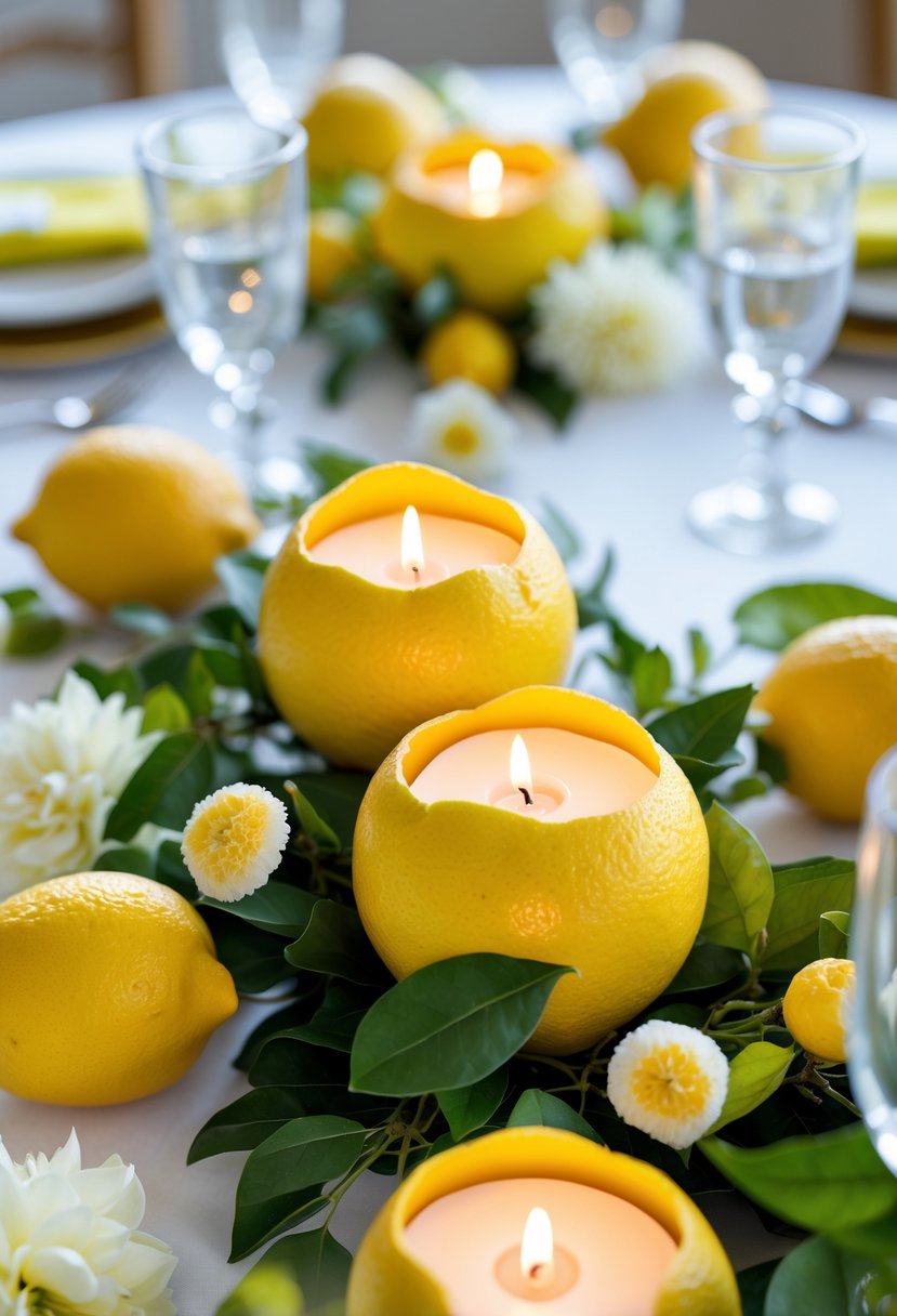 A wedding table decorated with lemon-shaped candle holders, fresh lemons, green leaves, and flowers, with candles glowing softly.