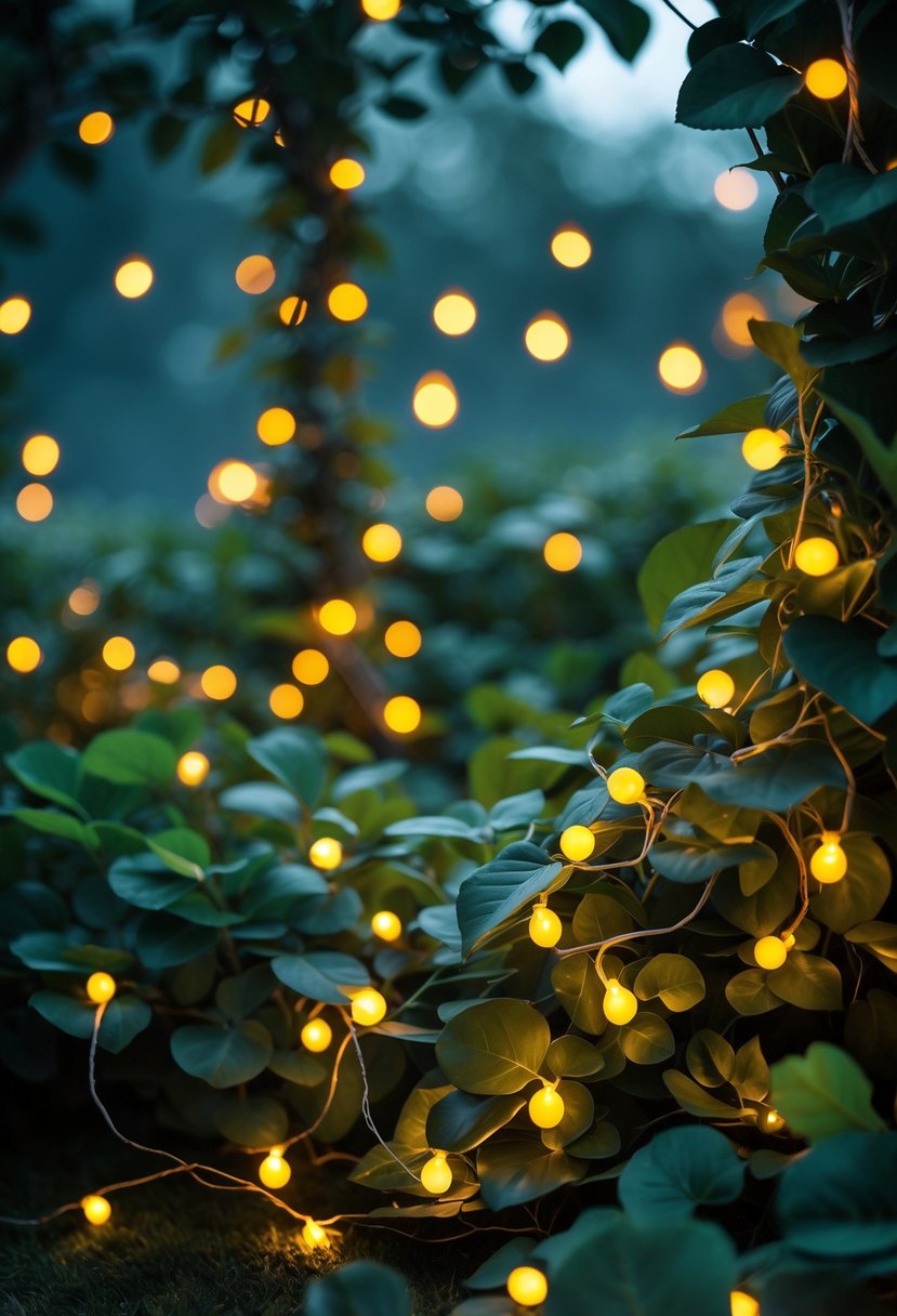 Amber fairy lights intertwined with green leaves glowing softly in a dimly lit setting.