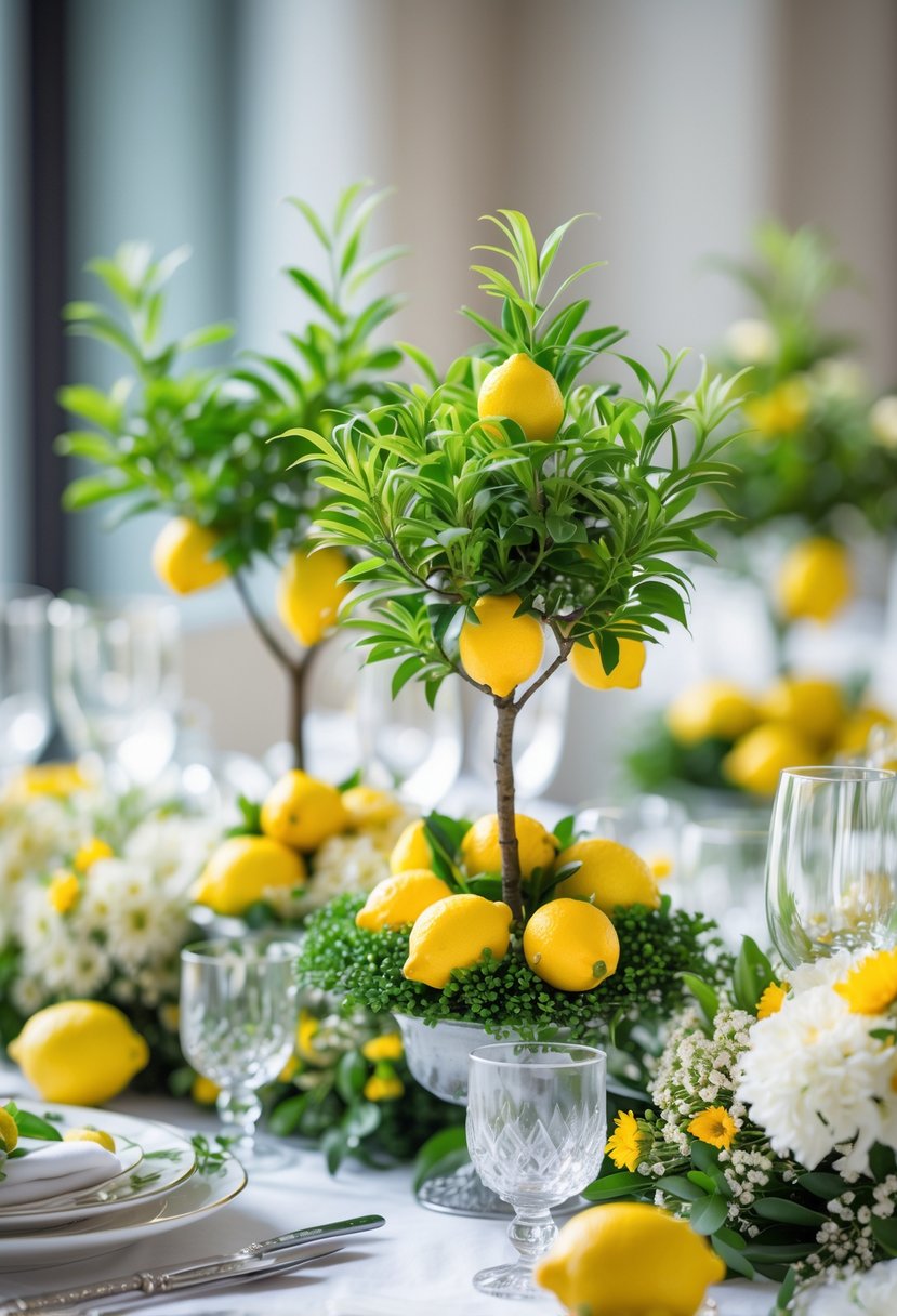 Wedding table with miniature lemon trees as centerpieces surrounded by flowers and tableware.