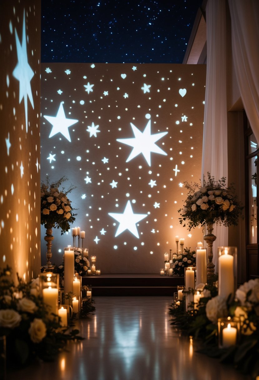 An evening wedding ceremony with star-shaped light projections on the walls and soft decorative elements creating a warm and romantic atmosphere.