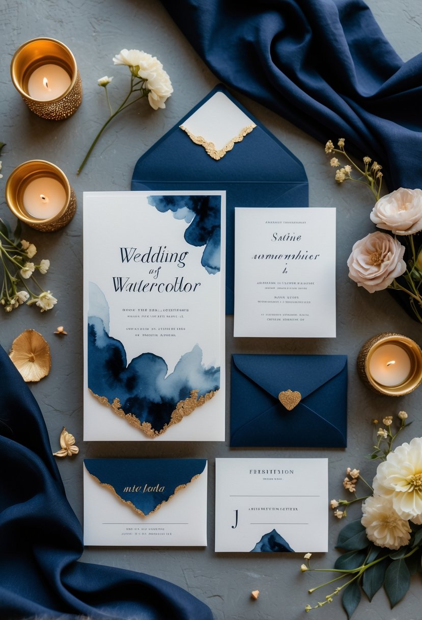A set of wedding invitations with navy and gold designs surrounded by candles and flowers on a textured surface.