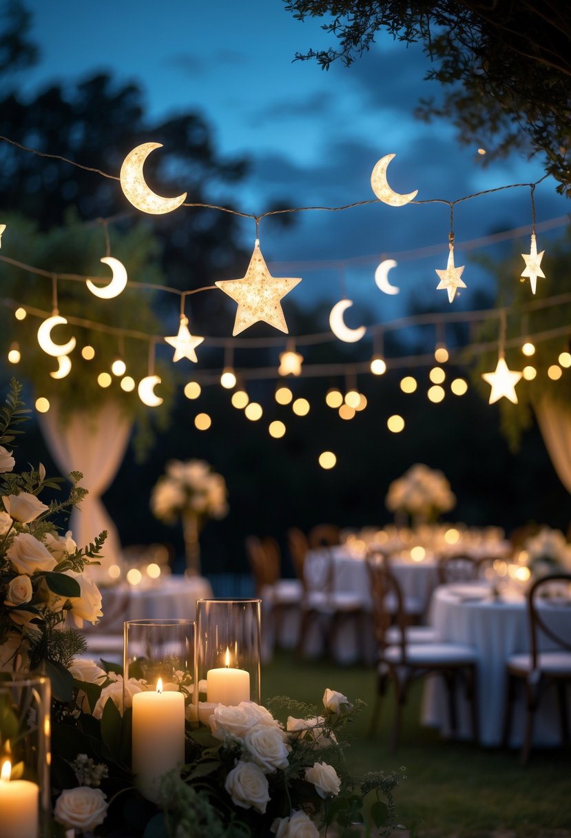 An outdoor evening wedding ceremony decorated with glowing moon and star string lights hanging among greenery and floral arrangements.