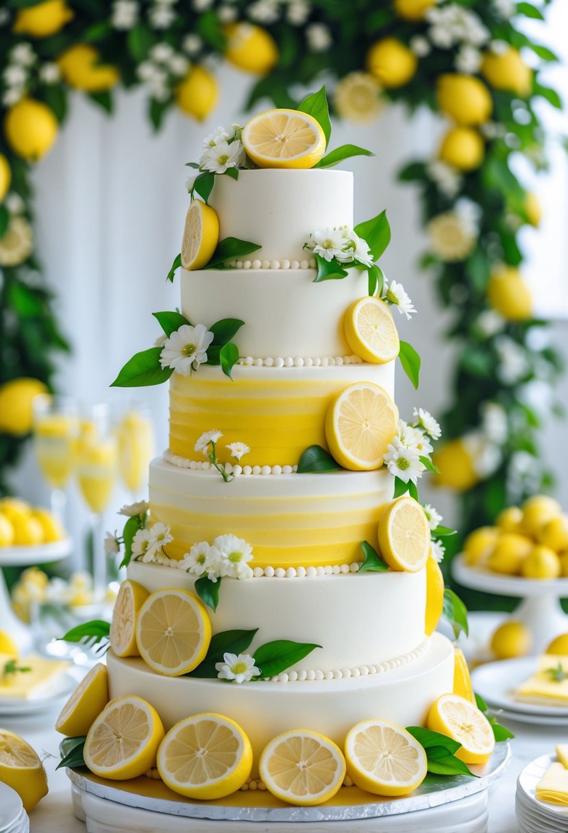 A multi-tiered wedding cake decorated with fresh lemon slices and green leaves on a table with lemon-themed wedding decorations.