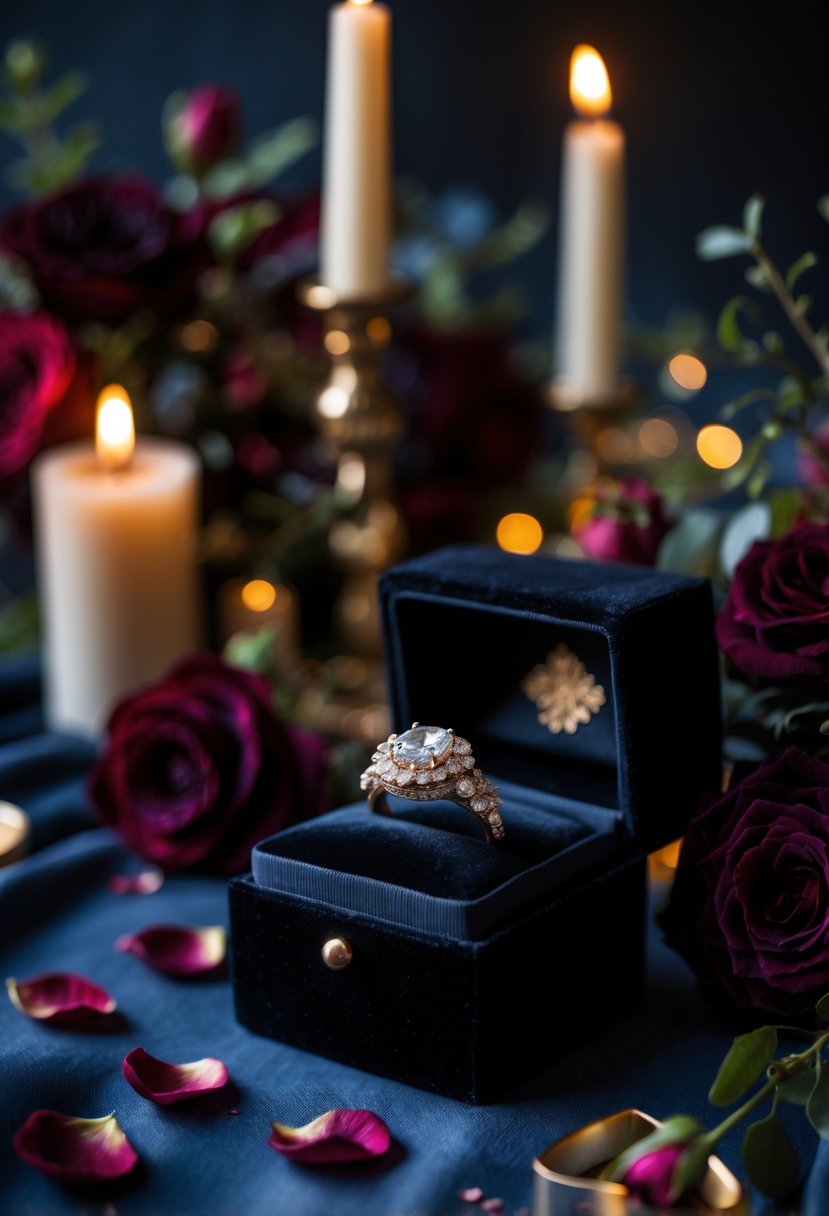Close-up of black velvet ring boxes with embroidery surrounded by candles and dark red flowers on a wedding table.