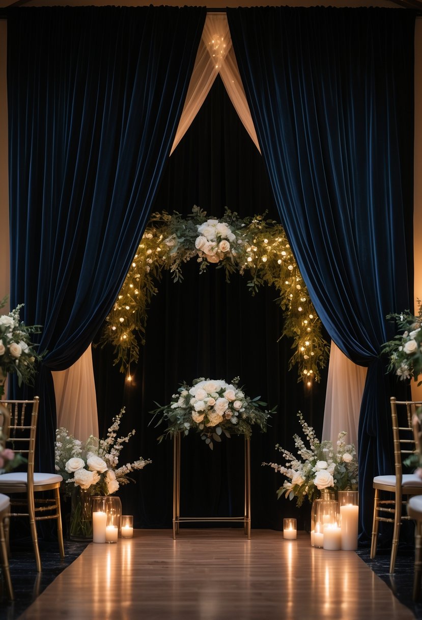 An evening wedding scene with dark velvet drapes, soft warm lighting, floral decorations, and an elegantly set table.