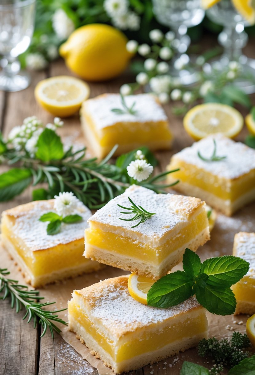 Close-up of lemonade bars garnished with fresh herbs on a wooden table surrounded by wedding decor and lemon slices.