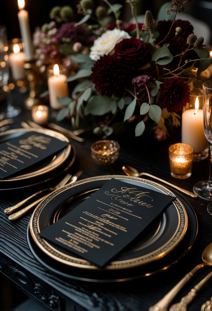 Black menus and place cards with gold decorative designs arranged on a dark table with candles and floral decorations.