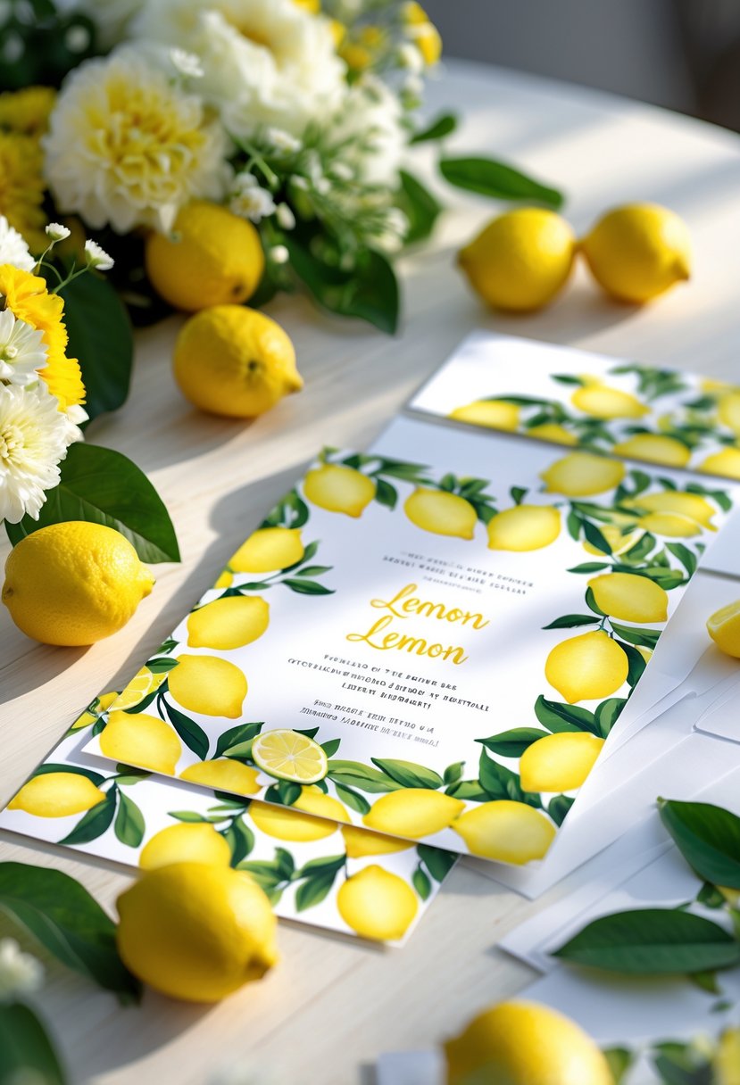 Wedding invitations with lemon patterns surrounded by yellow flowers, green leaves, and small lemons on a wooden table.