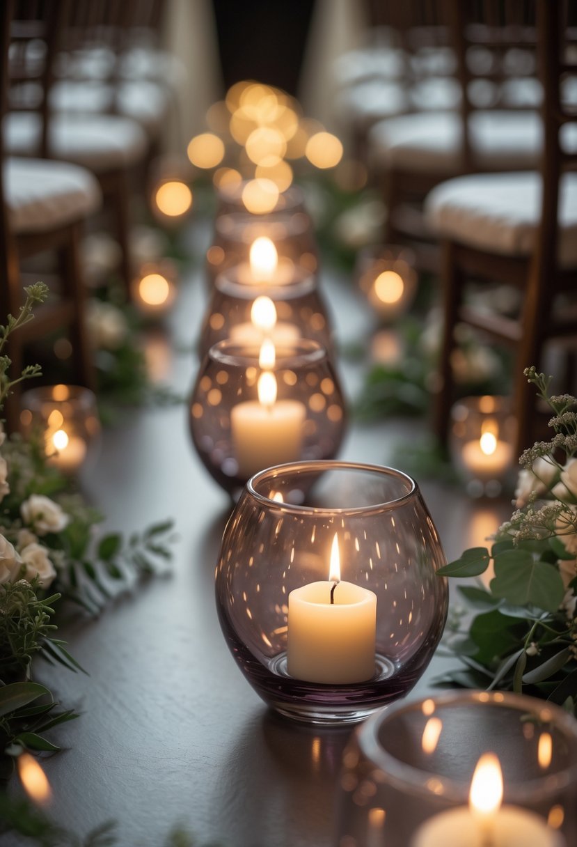 A wedding aisle lined with smoky glass votive candle holders glowing with warm candlelight.