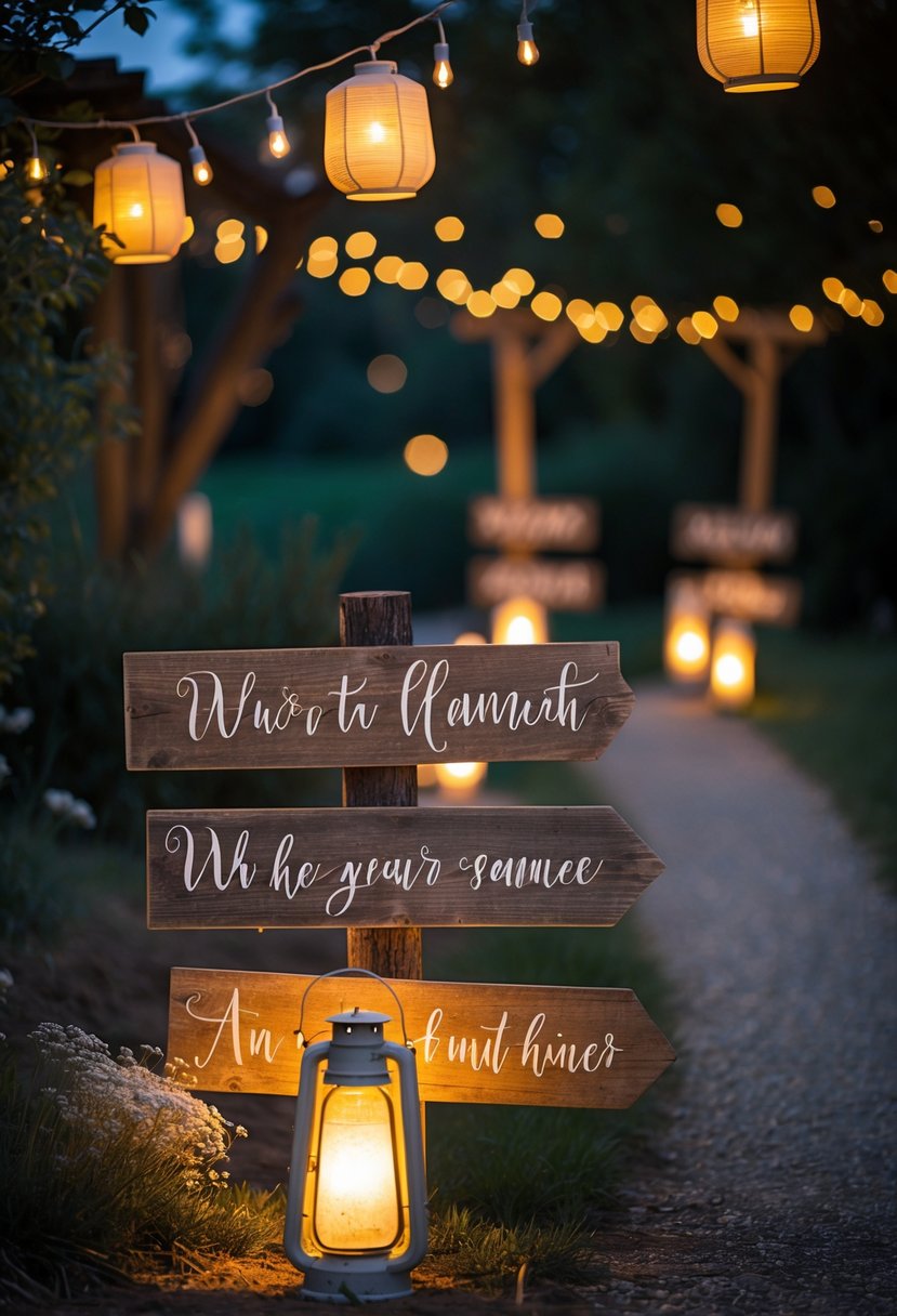 Wooden signs illuminated by lanterns along a nighttime outdoor wedding pathway surrounded by greenery and soft lights.