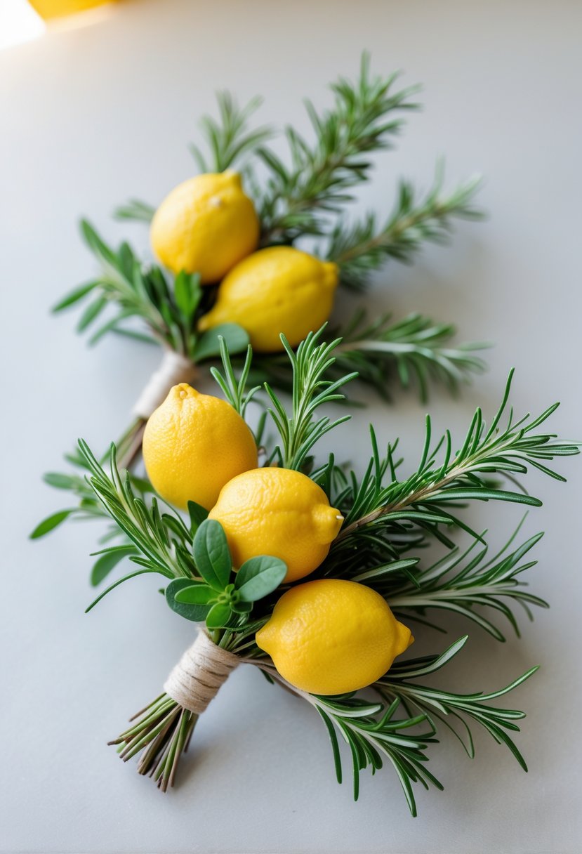 Close-up of boutonnières made with fresh lemons and rosemary sprigs arranged on a light background.