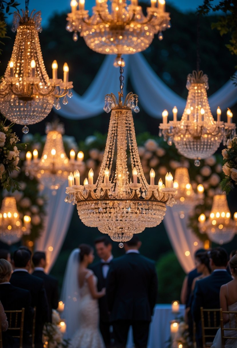 An evening wedding ceremony with crystal chandeliers glowing softly above a decorated venue with flowers and candles.