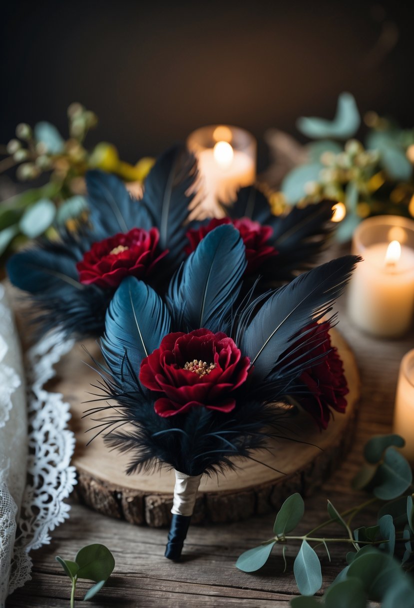 Dark feathered boutonnieres with deep red flowers arranged on a wooden surface with soft lighting and wedding decor elements.