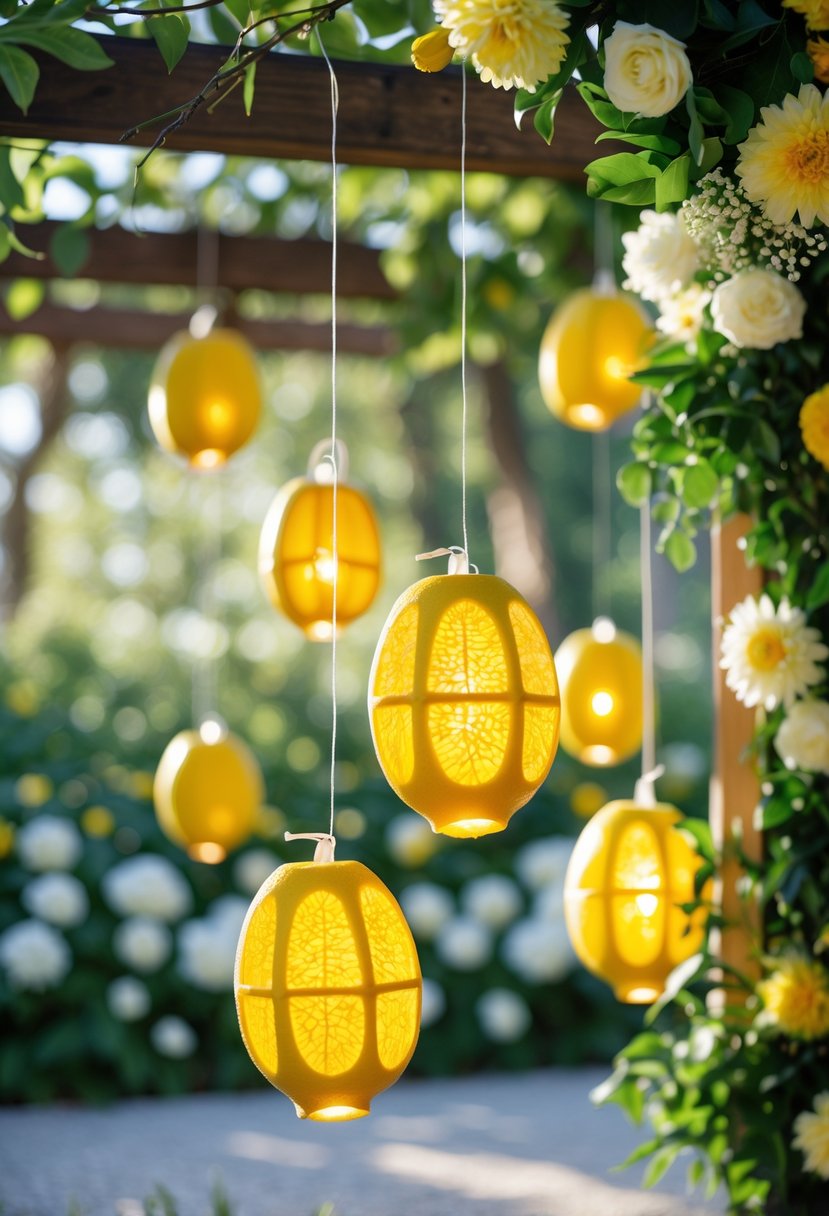 Hanging lemon lanterns glowing softly among green leaves and white flowers at an outdoor wedding celebration.