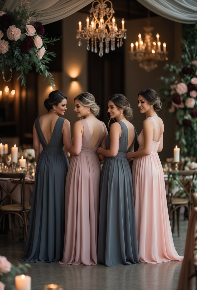 A group of bridesmaids wearing charcoal to blush ombre dresses standing together in a softly lit wedding venue decorated with flowers, candles, and draped fabrics.